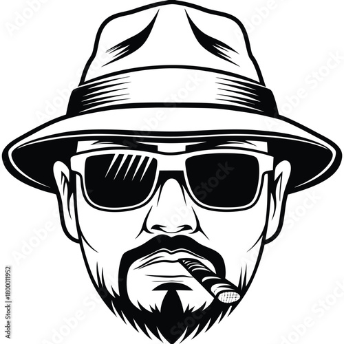 Bearded man with fedora and sunglasses holds a cigar in a monochrome drawing