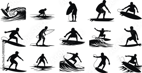 surfing, silhouette, wave, surfer, board, motion, posture, balance, ocean, ride, action, sport, beach, icon