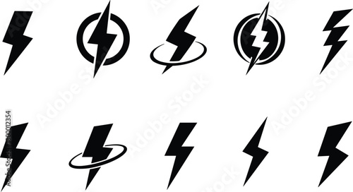 Electric lightning bolt icon collection, black and white energy symbol vector set, electricity power flash logo design for technology and energy concept