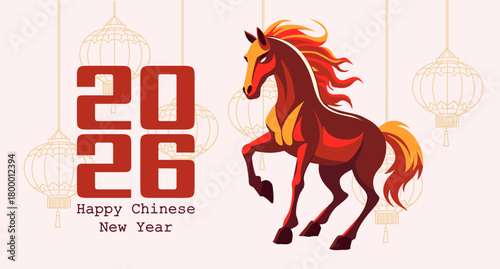 Happy Chinese New Year 2026 card with fire horse and asian lanterns. Festive illustration.