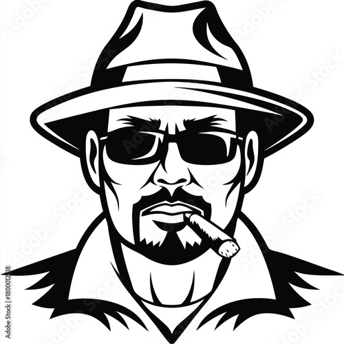 Black and white portrays a confident man smoking with glasses and a hat