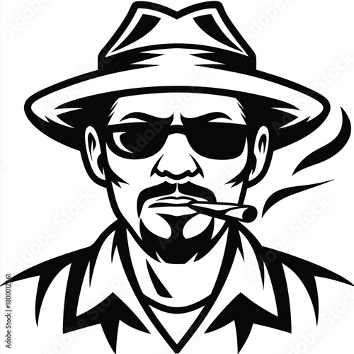 Confident man wearing a hat and sunglasses smokes, exuding a cool vibe in monochrome