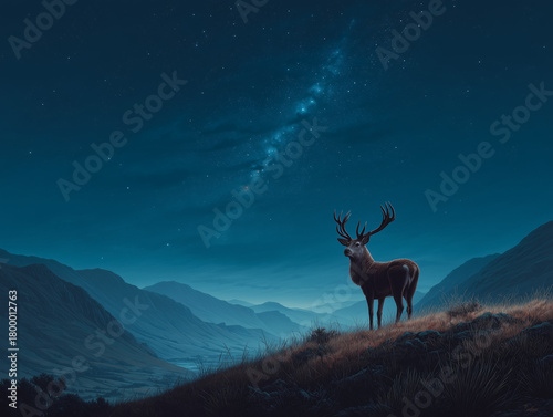 majestic deer under starry night sky in mountain valley
