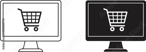 Ecommerce shopping cart icon on computer monitor, online store concept, digital retail and web commerce vector illustration for business design
