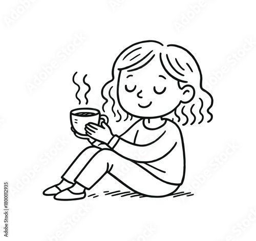 handdrawn cute doodle style woman relaxing with tea vector line illustration