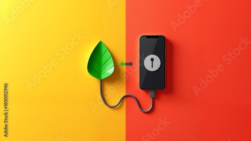 An overhead view of a smart phone charging on a red and yellow wall.