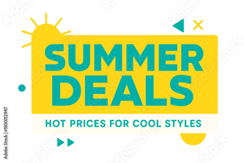 Flat vector banner design text Summer Deals subtitle Hot prices for cool styles bold geometric font and turquoise palette