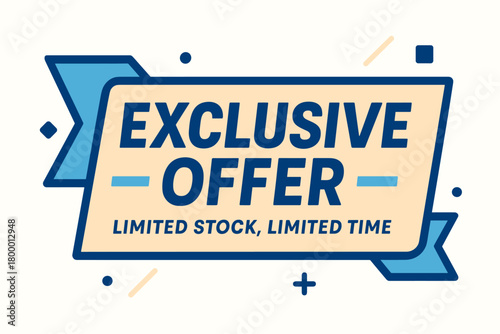 Flat vector banner design text Exclusive Offer subtitle Limited stock limited time bold geometric font blue and beige palette