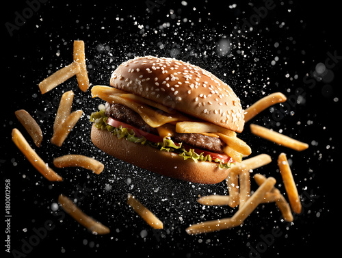 flying cheeseburger with crispy fries and salt splash
