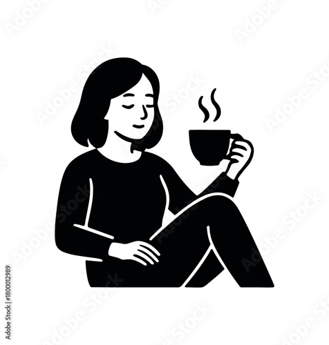 woman relaxing with tea flat black solid vector illustration isolated on white background
