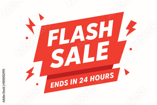 Flat vector banner design text Sale subtitle Ends 24 hours bold geometric font red and white palette