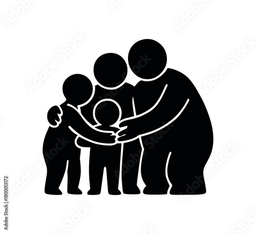 people of all sizes hugging flat black solid vector illustration isolated on white background