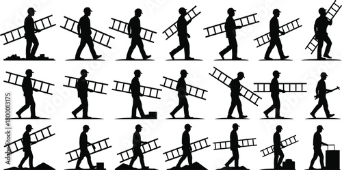 construction, worker, ladder, silhouette, posture, walking, carrying, helmet, gear, bricks, tools, motion, job, action