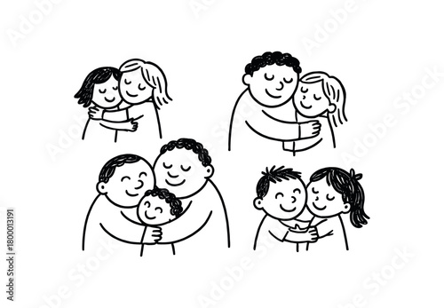 handdrawn cute doodle style people of all sizes hugging vector line illustration