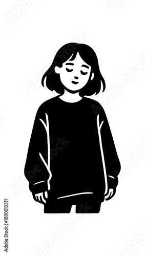 girl oversized sweater flat black solid vector illustration isolated on white background