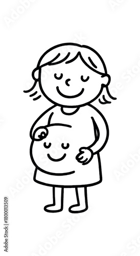 handdrawn cute doodle style smiling pregnant belly scene vector line illustration