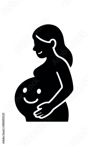 smiling pregnant belly scene flat black solid vector illustration isolated on white background