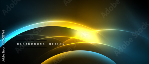 Abstract design features vibrant blue, yellow light. Curved lines create dynamic energy, modern aesthetic. Dark background emphasizes luminosity.