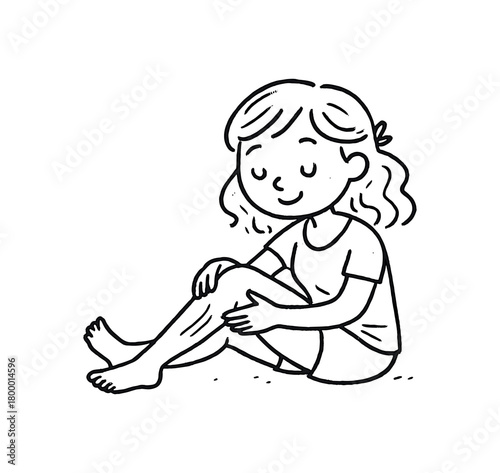 handdrawn cute doodle style woman putting lotion on legs vector line illustration