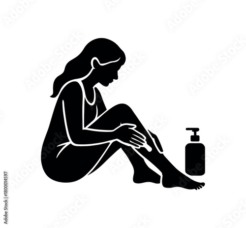 woman putting lotion on legs flat black solid vector illustration isolated on white background