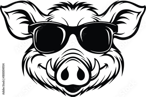 Boar face wearing sunglasses in black and white portrays an animal's confident style