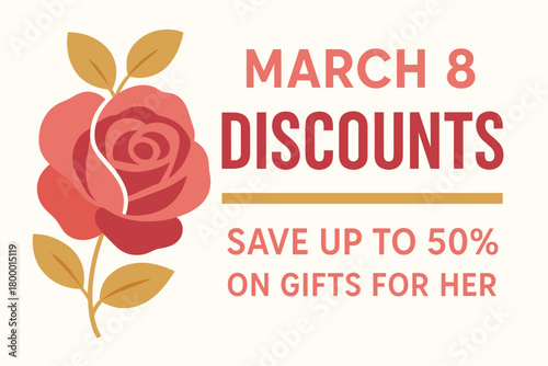 Flat vector banner design text March 8 Discounts subtitle Save up to 50% on gifts for her bold geometric font rose and gold palette