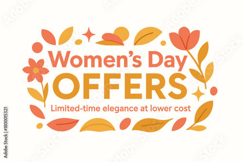 Flat vector banner design text Women Day Offers subtitle Limitedtime elegance at lower cost bold geometric font coral and gold palette