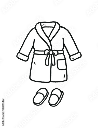 handdrawn cute doodle style bathrobe and slippers vector line illustration