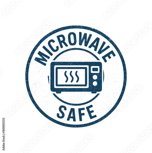 Round rubber stamp MICROWAVE SAFE uppercase navy ink texture faded print surface realistic grain marks