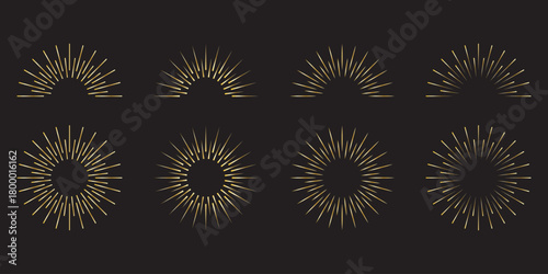 Abstract boho sun set, sunburst. Bohemian minimalist linear sunrise and sunset icon collection. Bohemian Sunburst and Sunrise Icons Set Mystical Symbols. Sun rise set, sunset vector icon, sunburst ray