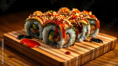 Fresh Japanese salmon sushi rolls, a gourmet seafood meal or appetizer on a white plate.	