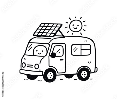 handdrawn cute doodle style solarpowered camper van vector line illustration