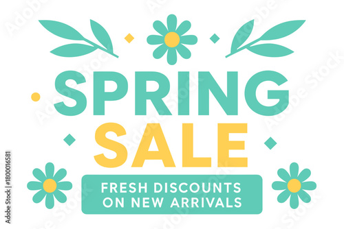Flat vector banner design text Spring Sale subtitle Fresh discounts on new arrivals bold geometric font mint and palette