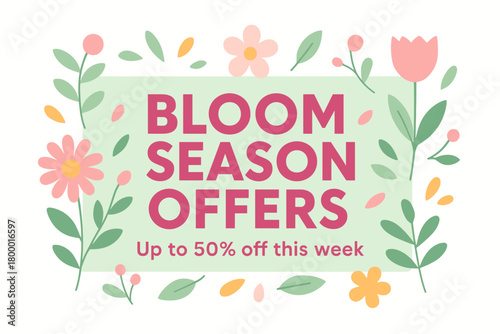 Flat vector banner design text Bloom Season Offers subtitle Up to 50% off this week bold geometric font pastel green and pink palette