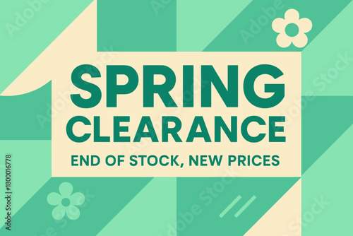 Flat vector banner design text Spring Clearance subtitle of stock new prices bold geometric font mint and cream palette