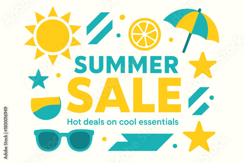 Flat vector banner design text Summer Sale subtitle Hot deals on cool essentials bold geometric font and turquoise palette