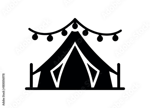 glamping tent with lights flat black solid vector illustration isolated on white background