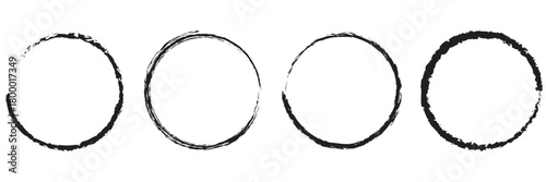 Grunge circles brush set. Black circle frames. Round line of black paint. Grunge round shapes. Circular ink brush stroke fro design elements. Vector illustration.
