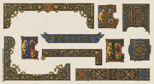 Medieval Illuminated Manuscript Vector Border Collection - Gothic Botanical and Gold Leaf Elements