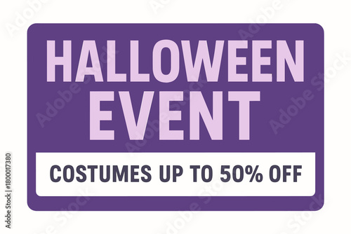 Flat vector banner design text Halloween Event subtitle Costumes up to 50% off bold geometric font and dark gray palette