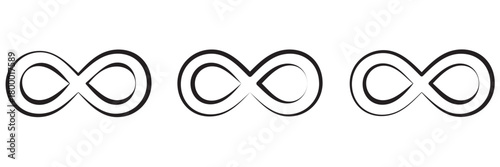 Simple flat black infinity symbols. Design elements for unlimited infinity, endless, eternity, loop, discontinuation, and repetition concepts. Vector illustration