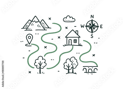 handdrawn cute doodle style map with green routes vector line illustration