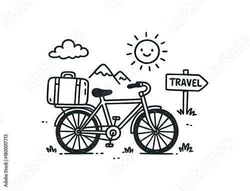 handdrawn cute doodle style bicycle travel scene vector line illustration