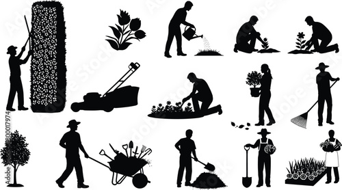 gardening, silhouette, tools, plants, shovel, rake, watering, trimming, digging, harvesting, wheelbarrow, lawnmower, soil, activity