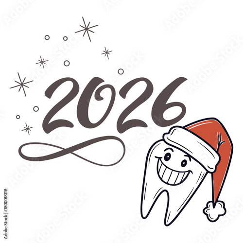 Happy new year 2026 celebration with smiling tooth in santa hat, festive design