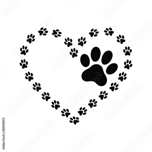 Black paw prints forming a heart shape with a large paw print in the center on a white background.