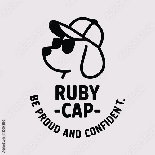 Black line art dog wearing sunglasses and a baseball cap with text Ruby Cap Be Proud and Confident canine vector illustration.
