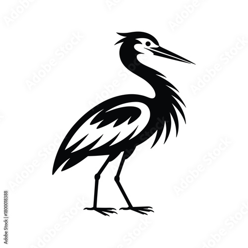 Black silhouette of a stylized heron bird standing on white background with detailed feathers and sharp beak vector illustration.