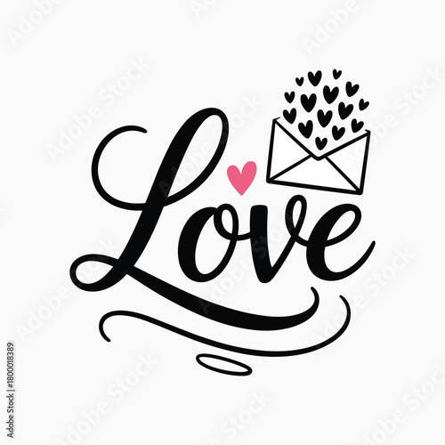 Black script word Love with pink heart and envelope overflowing with hearts letter romance
