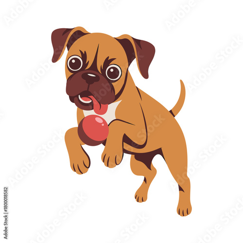 Cartoon brown boxer puppy dog jumping with red ball in mouth and tongue out illustration.
